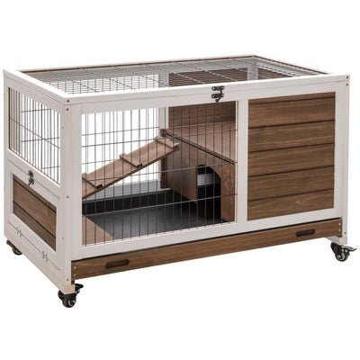 PawHut Wooden Guinea Pig Hutch, 2-Floor Bunny Cage w/ Enclosed Run Area, Brown 