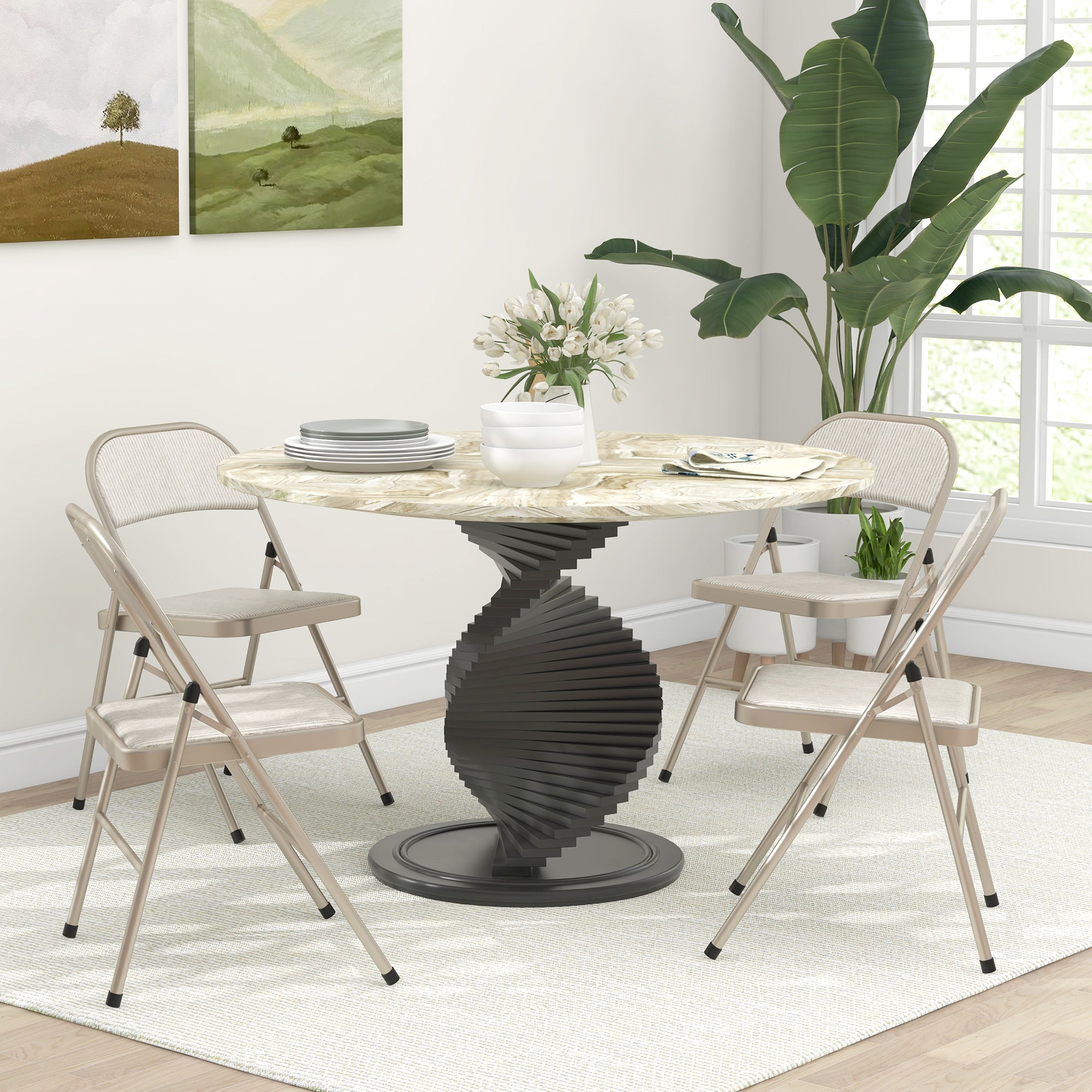 HOMCOM Linen-Look Set of Four Cushioned Folding Chairs - Beige 