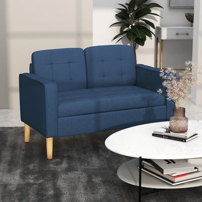 HOMCOM Modern Loveseat Sofa, Compact 2 Seater Sofa with Hidden Storage, 117cm Tufted Cotton Couch with Wood Legs, Blue 