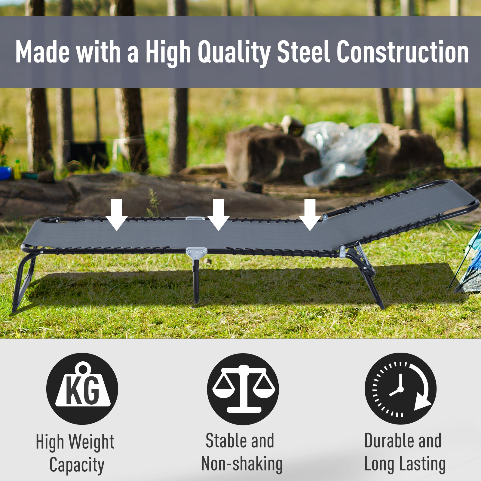 Outsunny Foldable Sun Lounger, Outdoor 4 Level Adjustable Backrest Reclining Chaise Chair, Steel Frame Recliner Chair for Camping, Hiking, Grey 