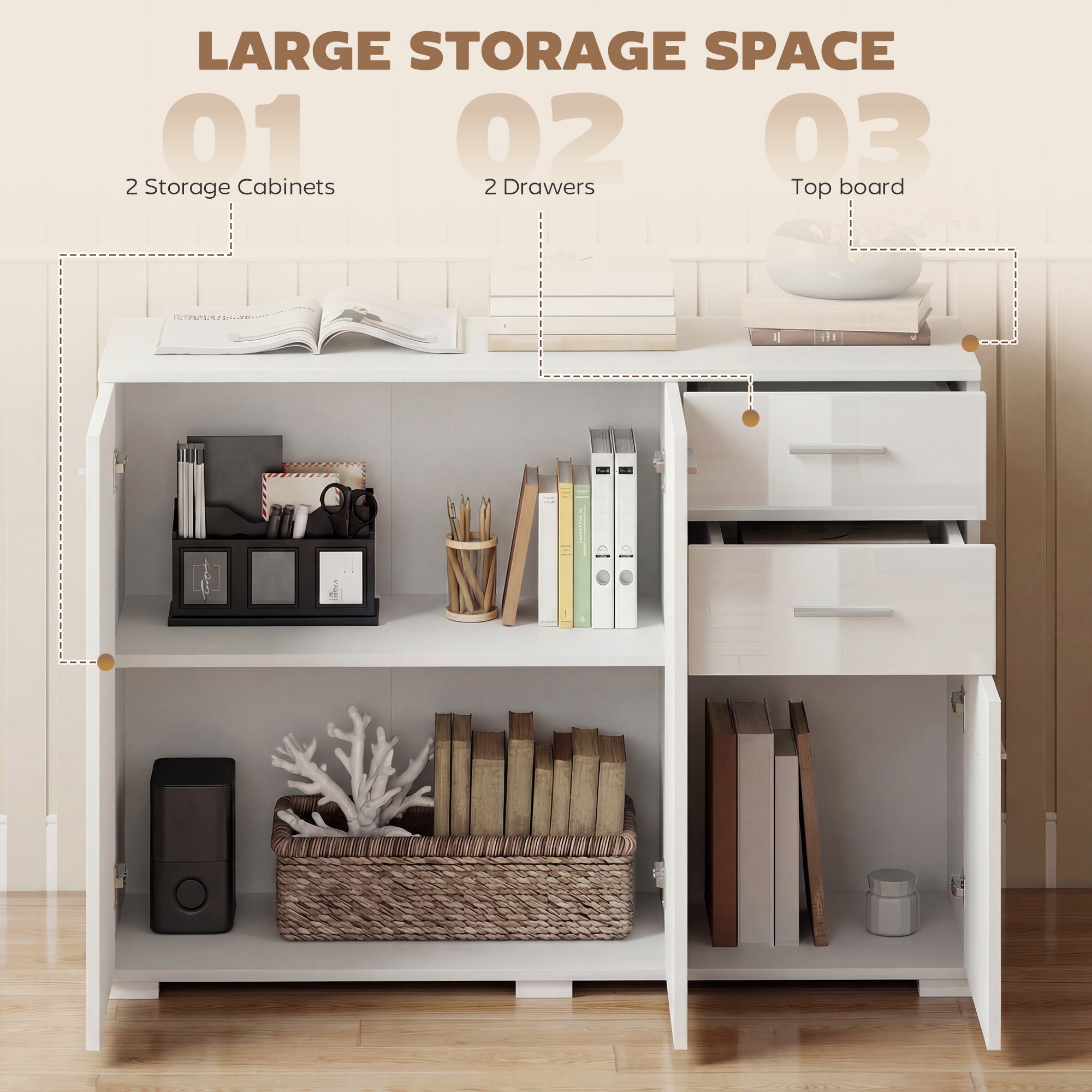 HOMCOM Sideboard, Modern Storage Cabinet with 2 Drawers, 3 Doors and Adjustable Shelves, High Gloss White 
