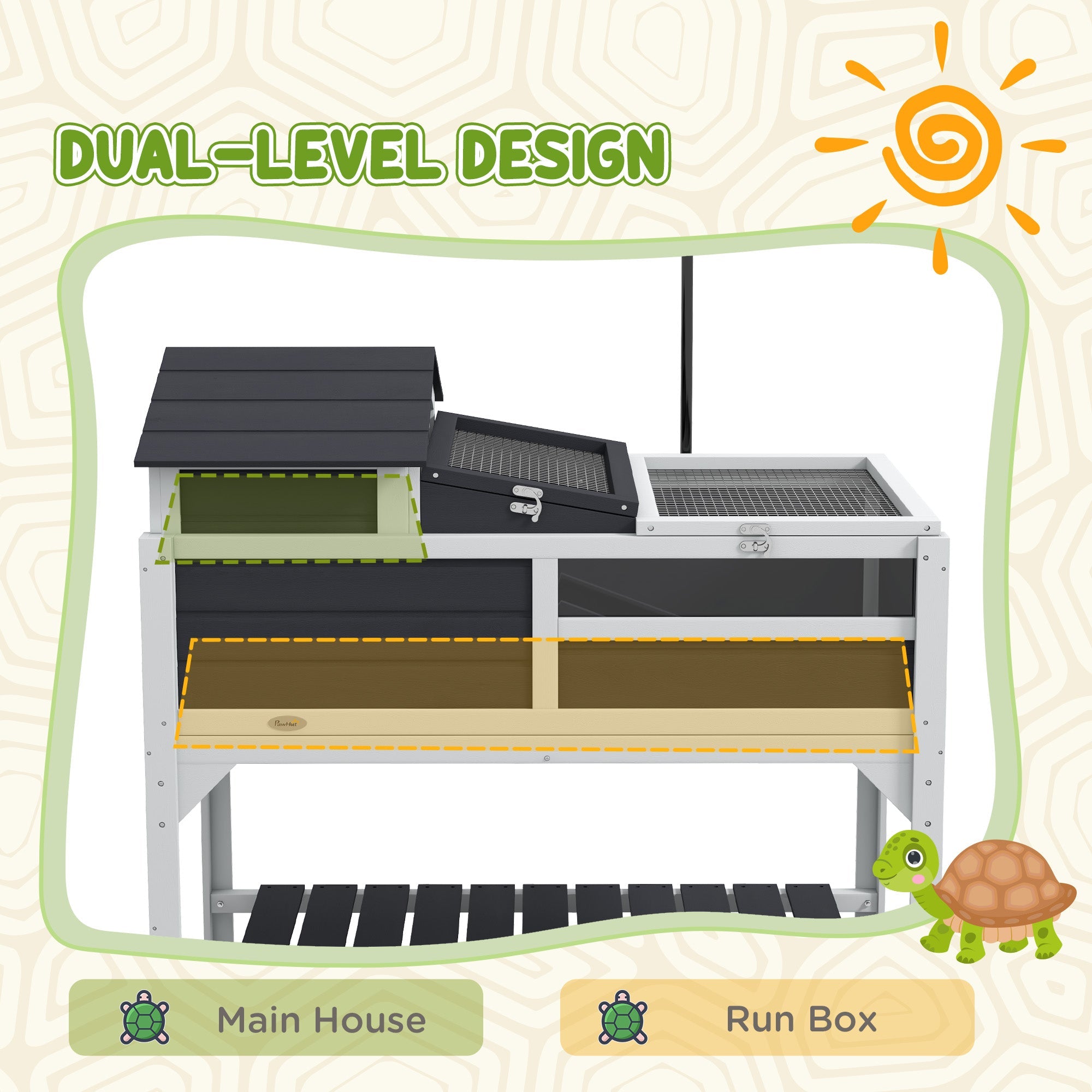 PawHut Wooden Tortoise Enclosure, Tortoise Tank w/ Adjustable Lamp Holder, Openable Lid, Removable Main House - Grey 