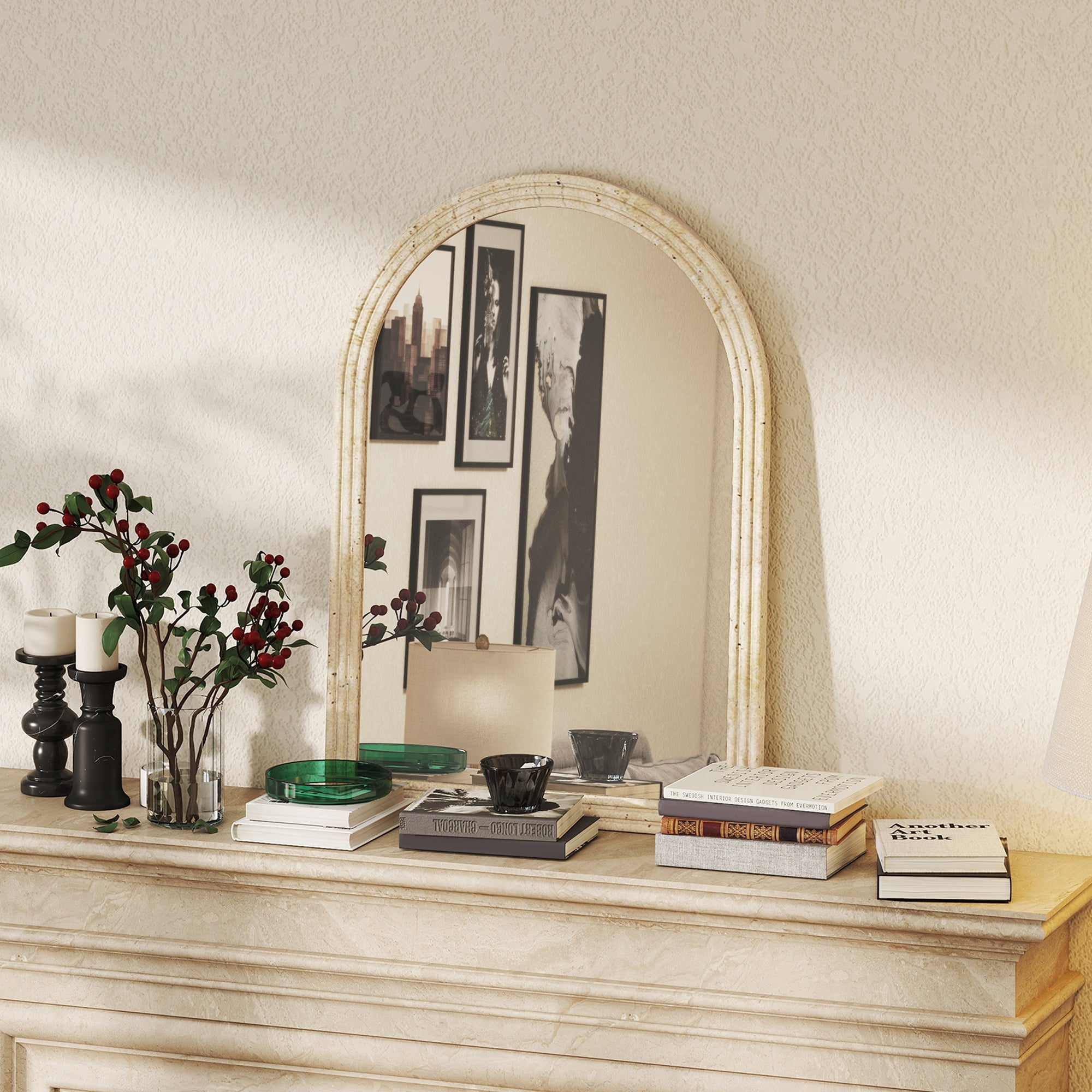 HOMCOM Arched Wall Mirror with Grooved Edge & Hooks, Wall-Mounted Mirror, Modern Tempered Glass & Polystyrene Beige 