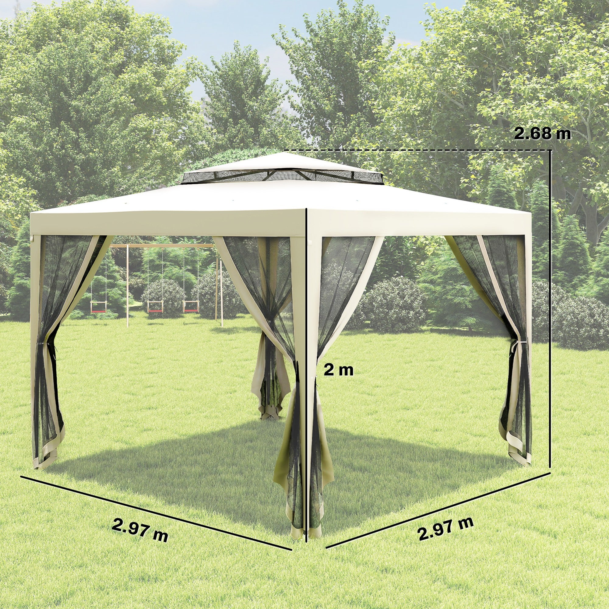 Outsunny 3 x 3 m Gazebo, Netting Party Tent, Patio Canopy Outdoor Event Shelter with Double Tier Roof, Cream White 