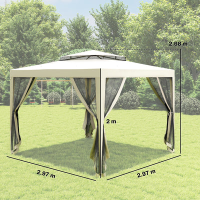 Outsunny 3 x 3 m Gazebo, Netting Party Tent, Patio Canopy Outdoor Event Shelter with Double Tier Roof, Cream White 