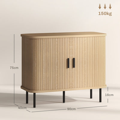 HOMCOM Mid-Century Modern Sideboard Storage Cabinet with Slatted Tambour Sliding Doors, Kitchen Cabinet with Steel Legs, Oak Tone 
