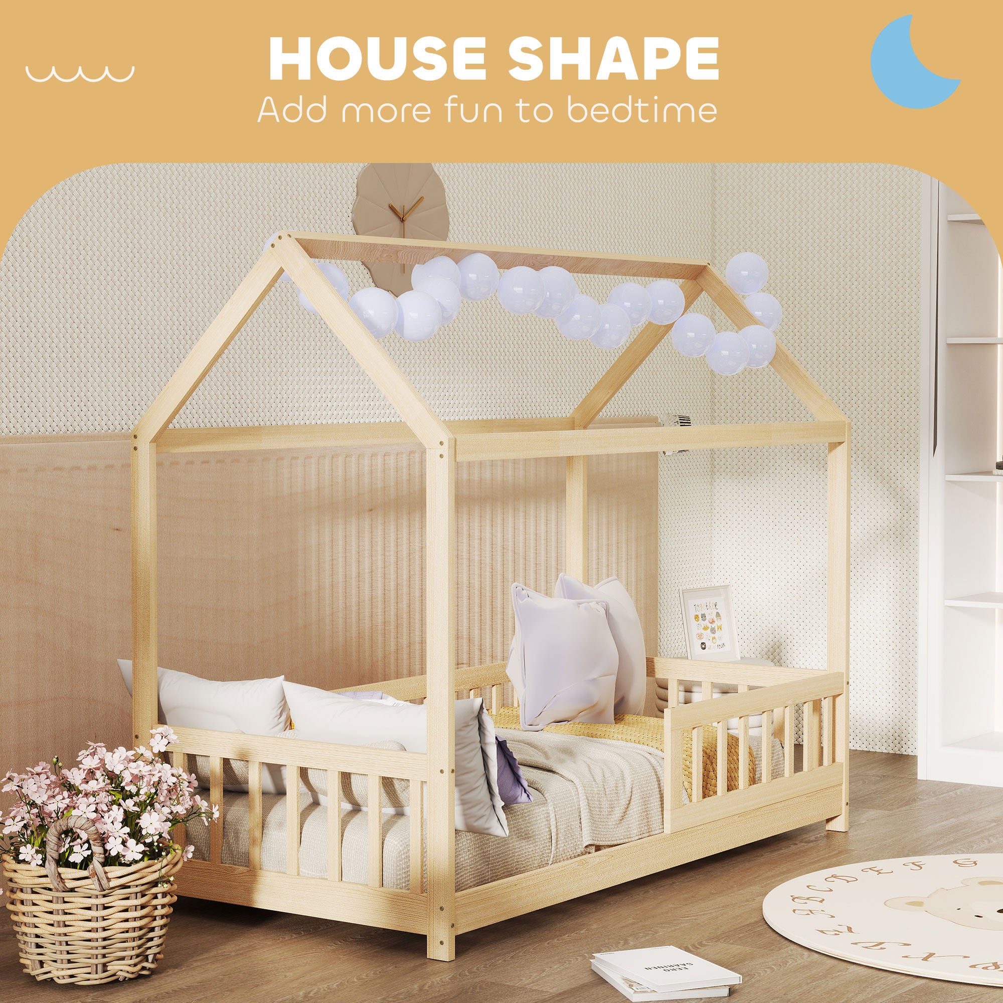 HOMCOM House-Shaped Kids Bed Frame with Guard Rails, Solid Pine Wood Single Bed Frame for Kids Boys and Girls, Natural 