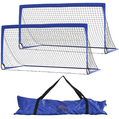 HOMCOM Set of 2 Football Goal Net 6 x 3 ft Foldable Outdoor Sport Training Teens Adults Football with Carrying Bag Blue 