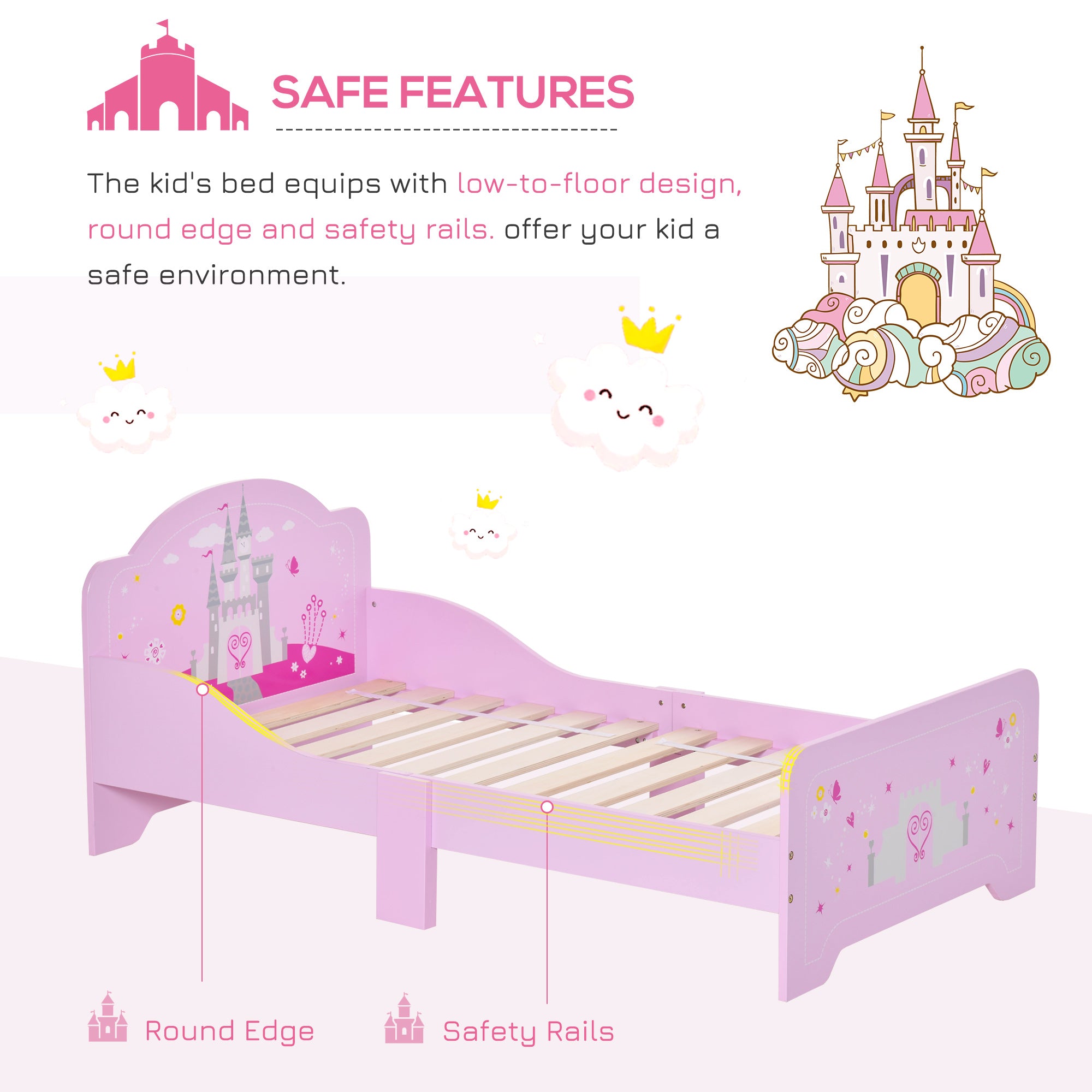 HOMCOM Kids Bed Princess Castle Theme w/ Side Rails Slats Home Furniture for 3 - 6 Yrs Pink 143 x 73 x 60 cm 