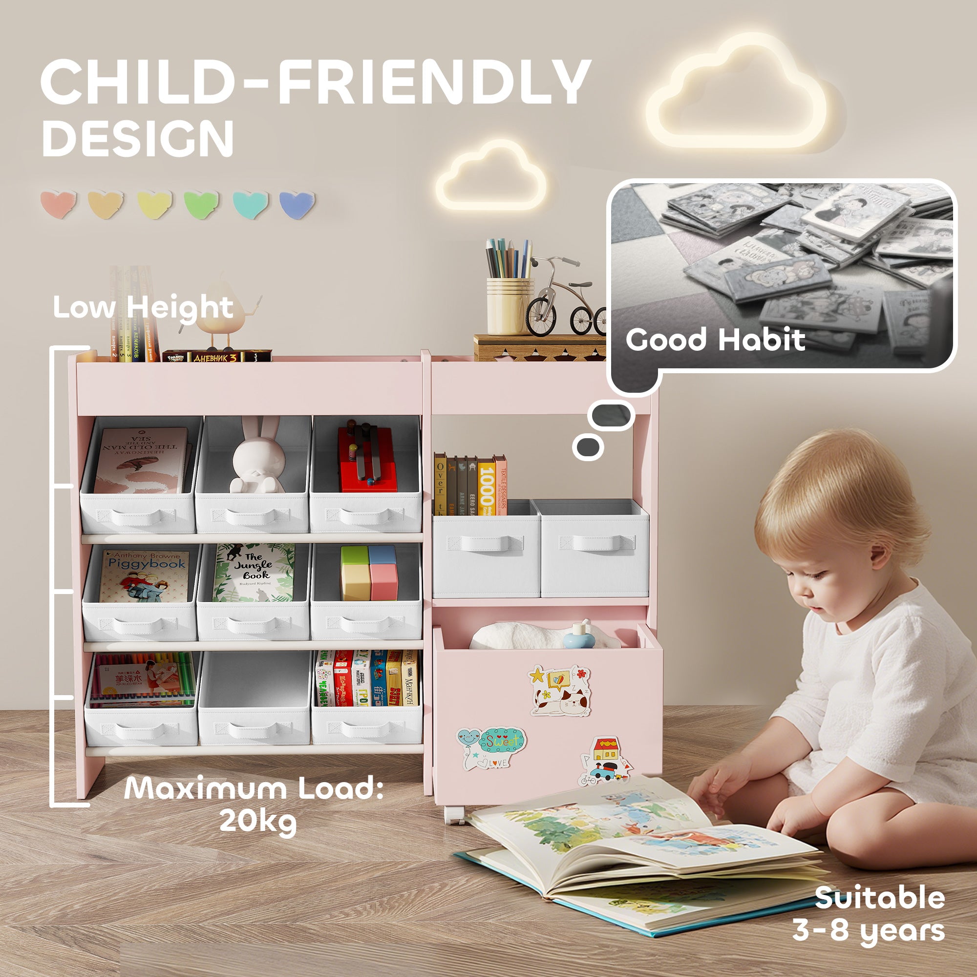 AIYAPLAY Kids Toy Storage Unit with 11 Bins, Cabinet, Top Shelves, 3 Stickers, for Nursery, Playroom, Pink 