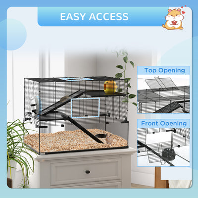 PawHut 3 Tiers Hamster Cage, Gerbil Cage with Deep Glass Bottom, Non-Slip Ramps, Platforms, Hut, Exercise Wheels, Water Bottle, Dish, for Syrian Hamster, Dwarf Hamster, 78.5 x 48.5 x 57cm 