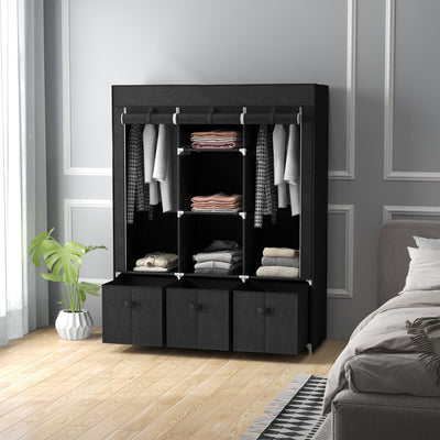 HOMCOM Foldable Fabric Wardrobe for Bedroom, Portable Wardrobe with 5 Shelves, 2 Hanging Rails and 3 Fabric Drawers, Black 