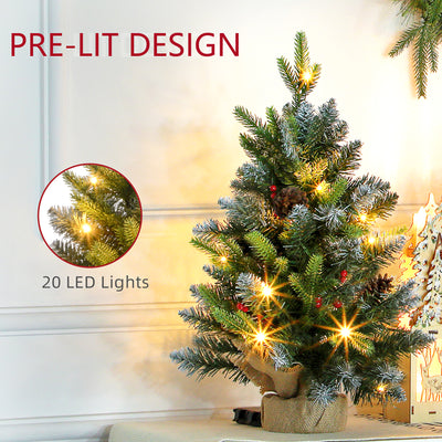 HOMCOM Set of Two 2ft Christmas Trees, with Lights, Berries and Pinecones 