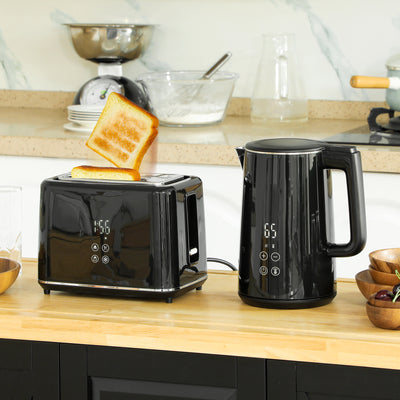 HOMCOM Kettle and Toaster Set, 1.5L 3000W Fast Boil Kettle with Insulation & 2 Slice Toaster Kitchen Set with 7 Level Browning Controls, Defrost, Reheat and Crumb Tray, Black 