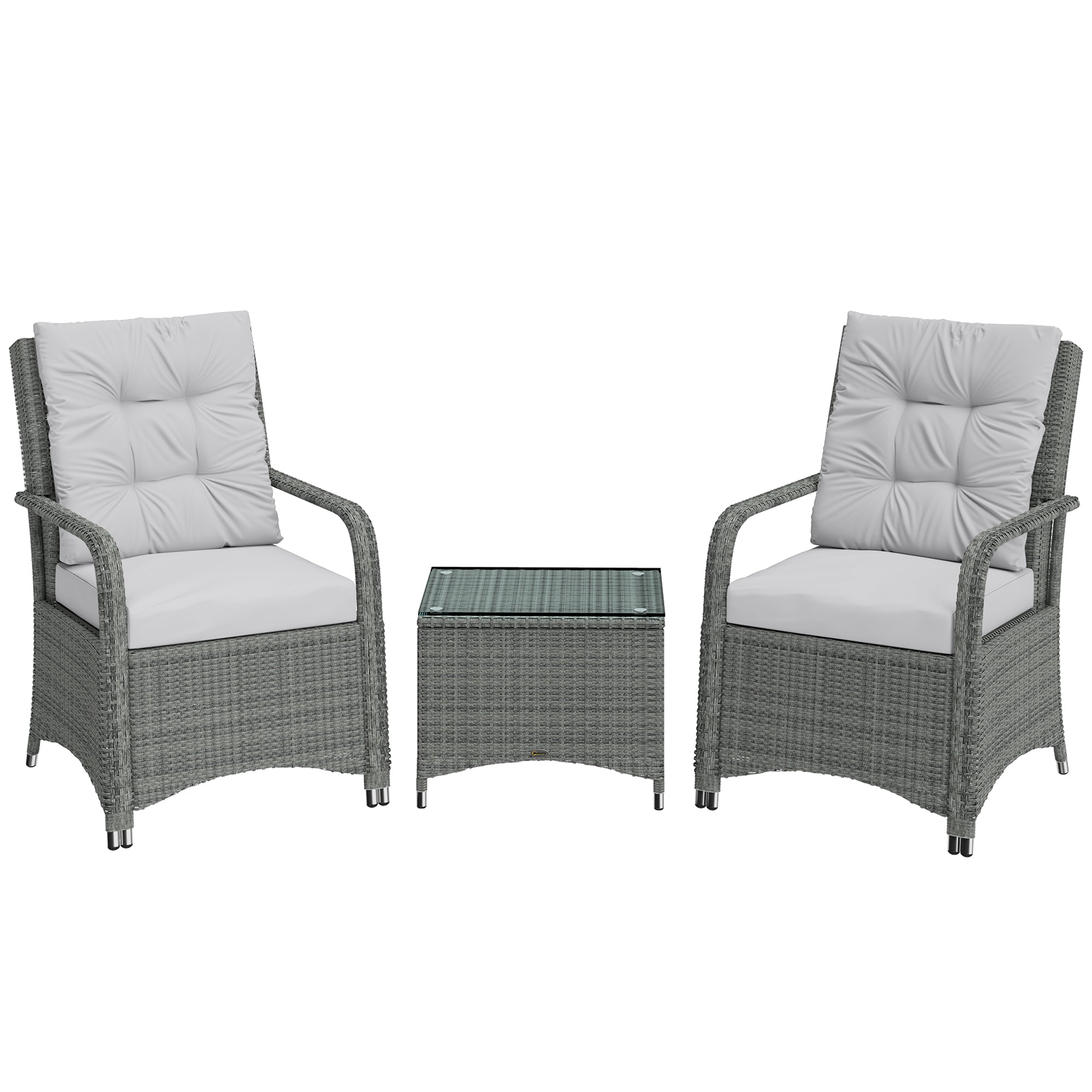 Outsunny 3 Pieces Rattan Bistro Set, Wicker Garden Furniture Set with Metal Frame, Cover, Glass Top Coffee Table, Light Grey 