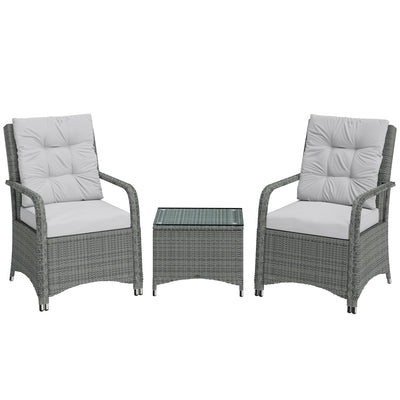 Outsunny 3 Pieces Rattan Bistro Set, Wicker Garden Furniture Set with Metal Frame, Cover, Glass Top Coffee Table, Light Grey 