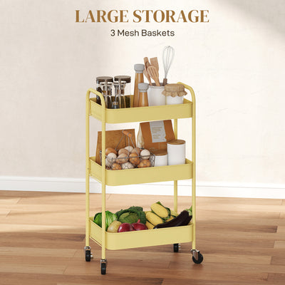 HOMCOM Three-Tier Steel Storage Trolley - Yellow 