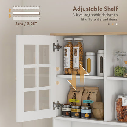 HOMCOM Freestanding Kitchen Cupboard, Storage Cabinet with Doors and Adjustable Shelves, Counter Top, Grid Glass Doors, 80L x 37W x 183H cm - White 
