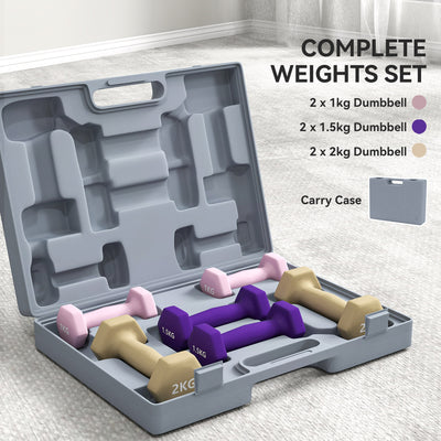 SPORTNOW 9kg Hex Dumbbells Set of 6, Hand Weights with Carry Case for Home Gym Strength Training, 2 x 1kg, 2 x 1.5kg, 2 x 2kg 