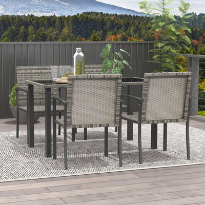Outsunny Outdoor Dining Set 5 Pieces Patio Conservatory with Tempered Glass Tabletop,4 Dining Chairs - Mixed Grey 