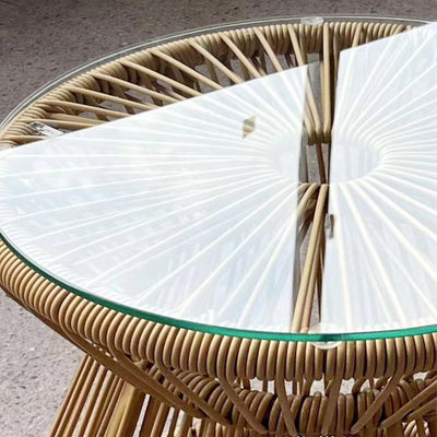 Outsunny Round End Table, Rattan Side Table, Hollow Drum Design Coffee Table w/ Glass Tabletop for Patio, Garden, Balcony Natural 