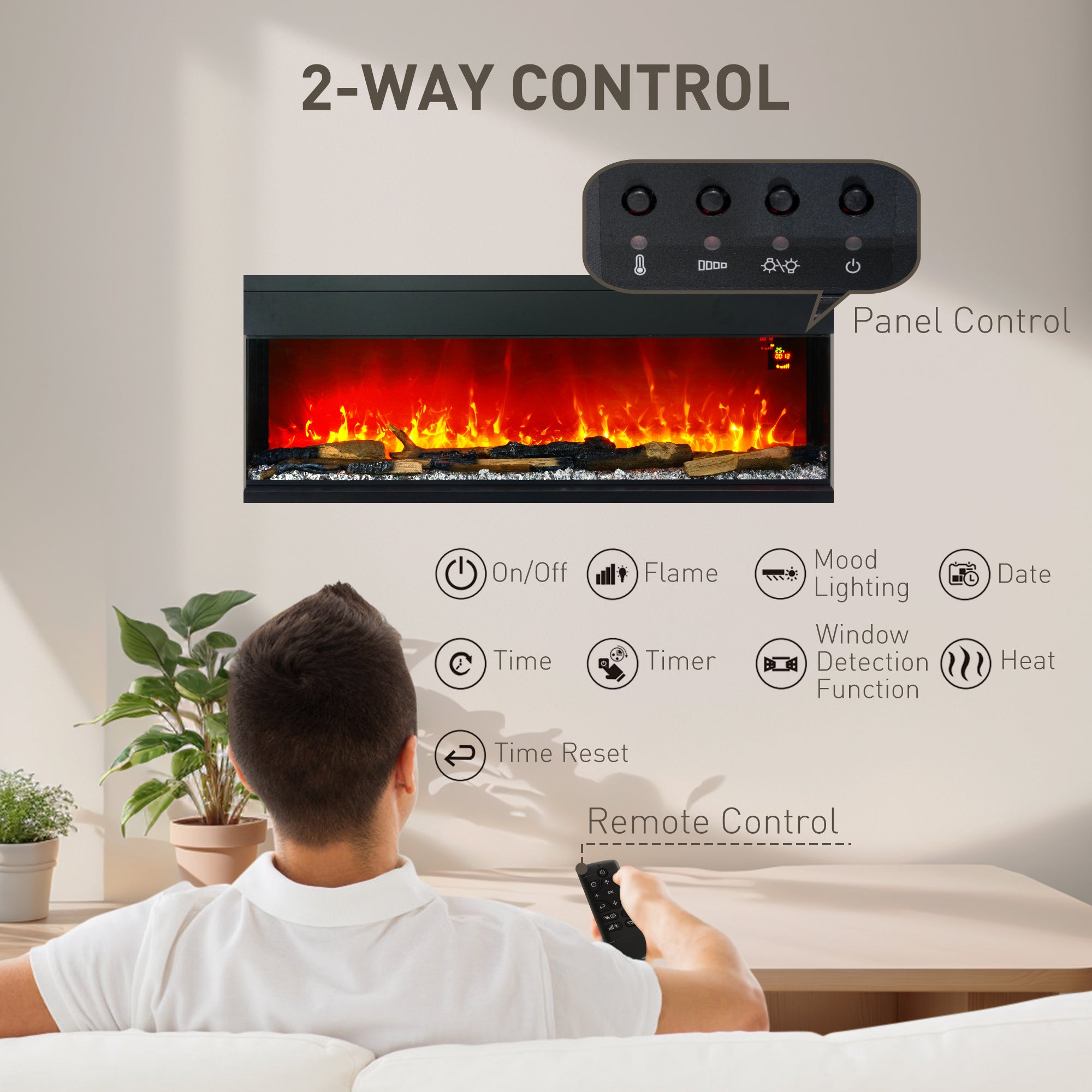 HOMCOM 1800W 15-40\'e2\'84\'83 Adjustable Flame Glass Panel Convector Heater, 127cm