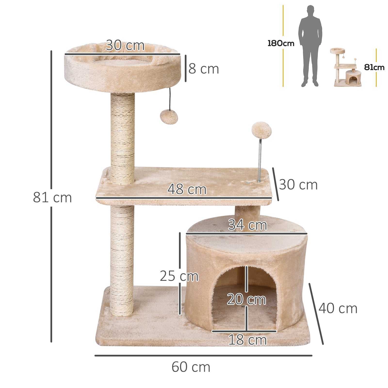 PawHut Cat Tree for Indoor Cats with Scratching Post Climbing Tower Kitty Activity Centre Condo Perch Jumping Platforms Beige 60L x 40W x 81H cm 