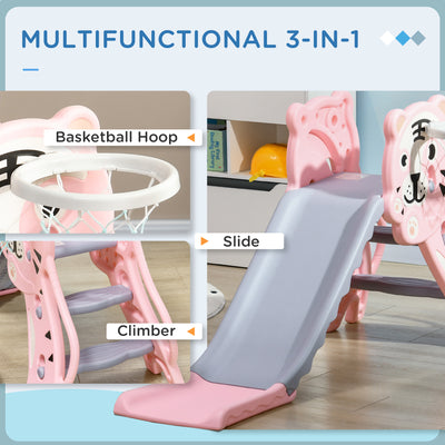 AIYAPLAY 3 in 1 Baby Slide for Indoor Use with Climber, Basketball Hoop, Basketball, for Ages 18-36 Months - Pink 
