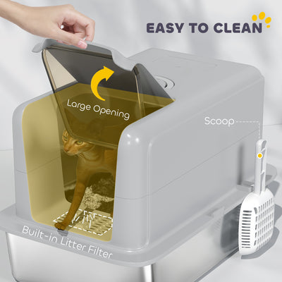 PawHut Stainless Steel Cat Litter Box with Removable Lid, Scoop, Filter Bags, for Larger Cats, Grey 