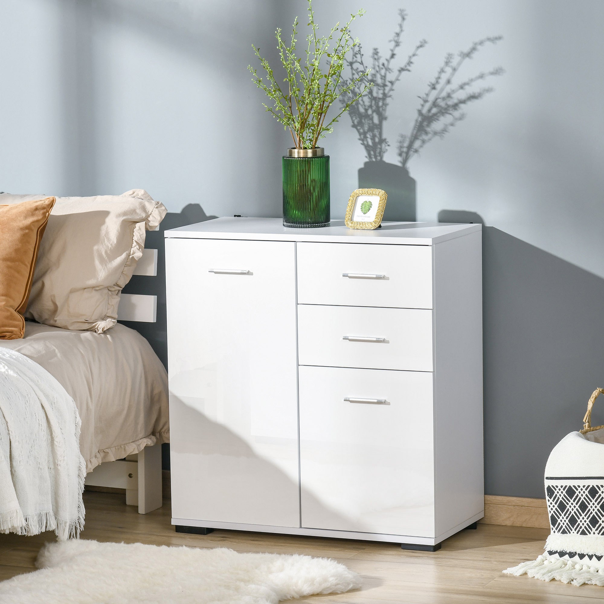HOMCOM Modern High Gloss Sideboard Storage Cabinet Table Chest of Drawers for Bedroom Living Room Storage Furniture, White 