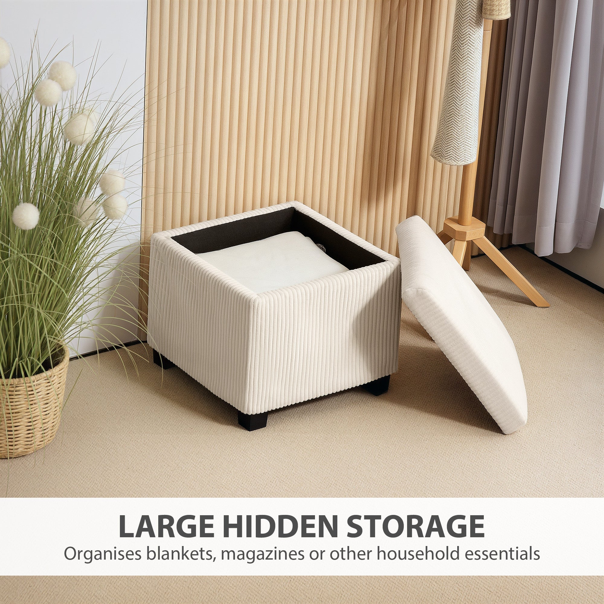 HOMCOM Storage Ottoman Bench, Corduroy Footstool with Removable Lid and Legs, 40cm Storage Chest Box for Living Room, Bedroom, Hallway, Beige 