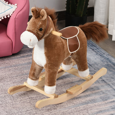 HOMCOM Kids Plush Rocking Horse w/ Sound Moving Mouth Wagging Tail Children Rocker Ride On Toy Gift 3-6 Years Brown 