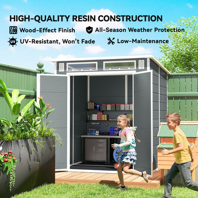 Outsunny 6 x 6 ft Plastic Garden Shed, Wood-Effect Outdoor Storage Shed with Floor, Windows, Lockable Doors and Vents, Grey 