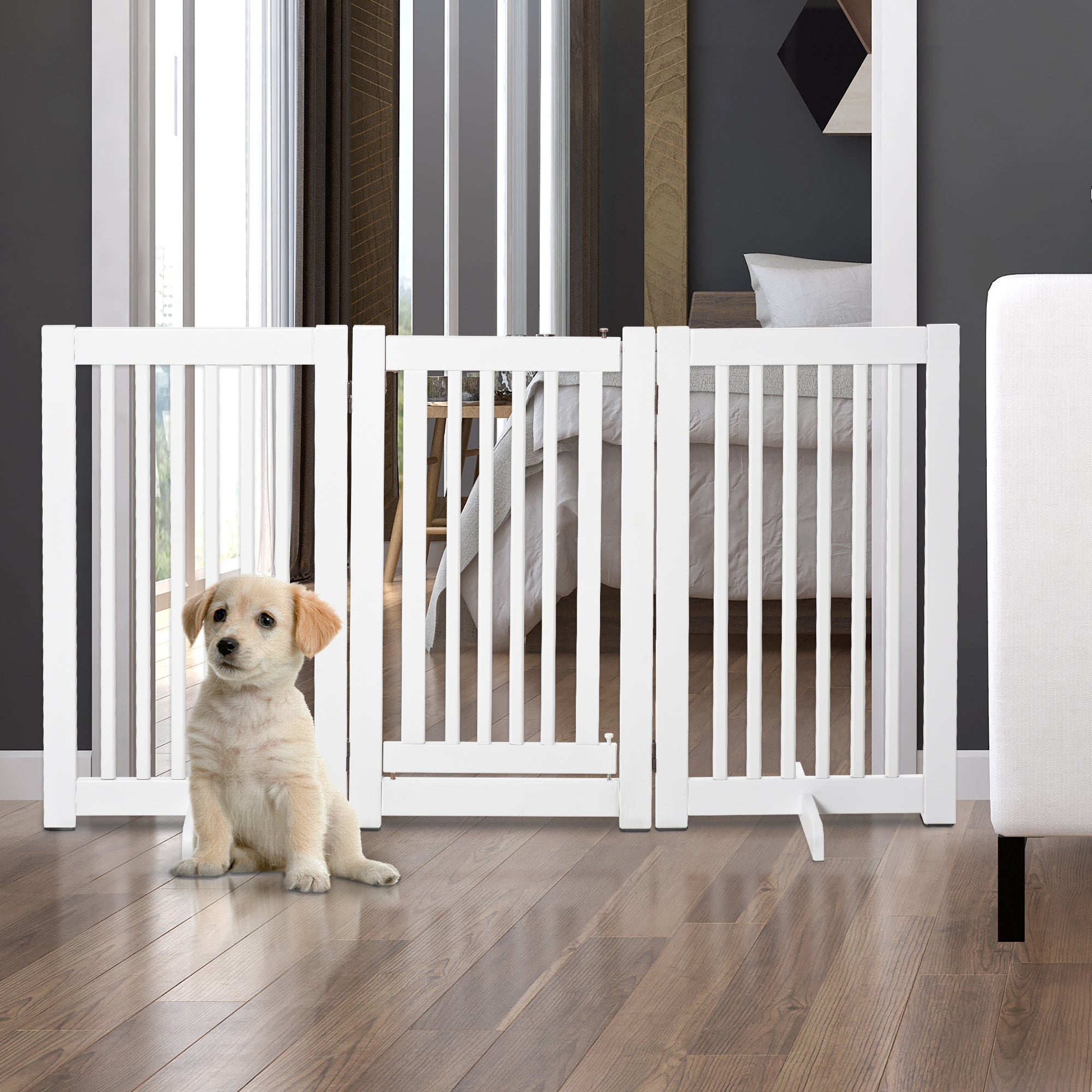 PawHutPet Gates MDF Freestanding Expandable Dog Gate Wood Doorway Pet Barrier Fence w/ Latched Door White 