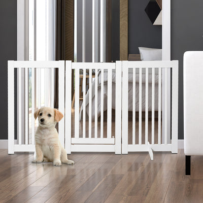 PawHutPet Gates MDF Freestanding Expandable Dog Gate Wood Doorway Pet Barrier Fence w/ Latched Door White 