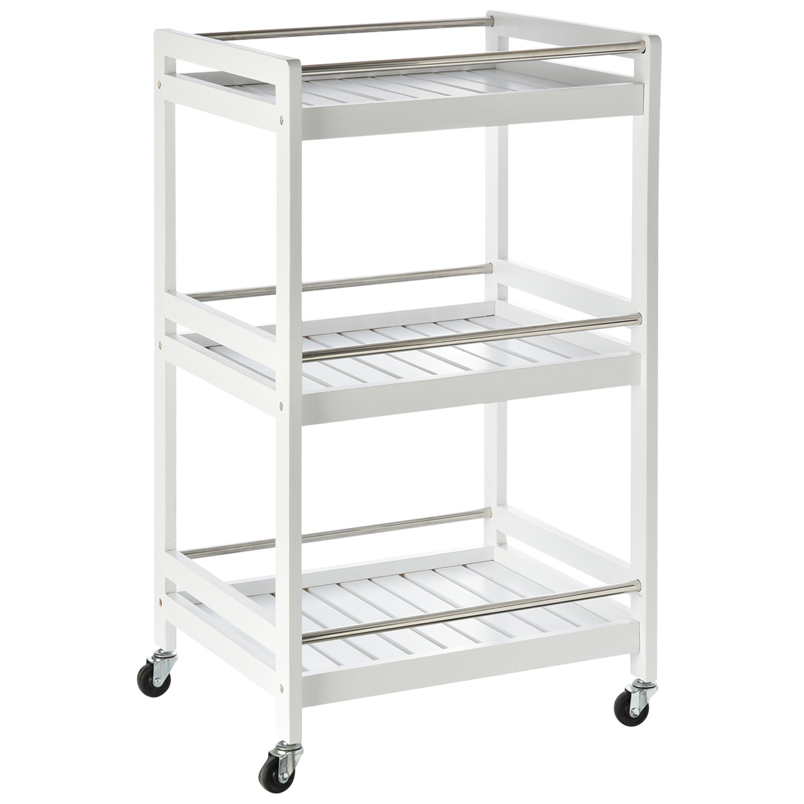 HOMCOM 3-Tier Home Trolley Kitchen Storage Cart w/ Steel Bars 4 Universal Wheels Rolling Unit Organiser Living Room White 