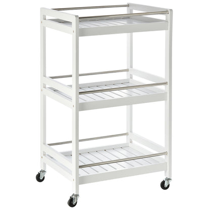 HOMCOM 3-Tier Home Trolley Kitchen Storage Cart w/ Steel Bars 4 Universal Wheels Rolling Unit Organiser Living Room White 