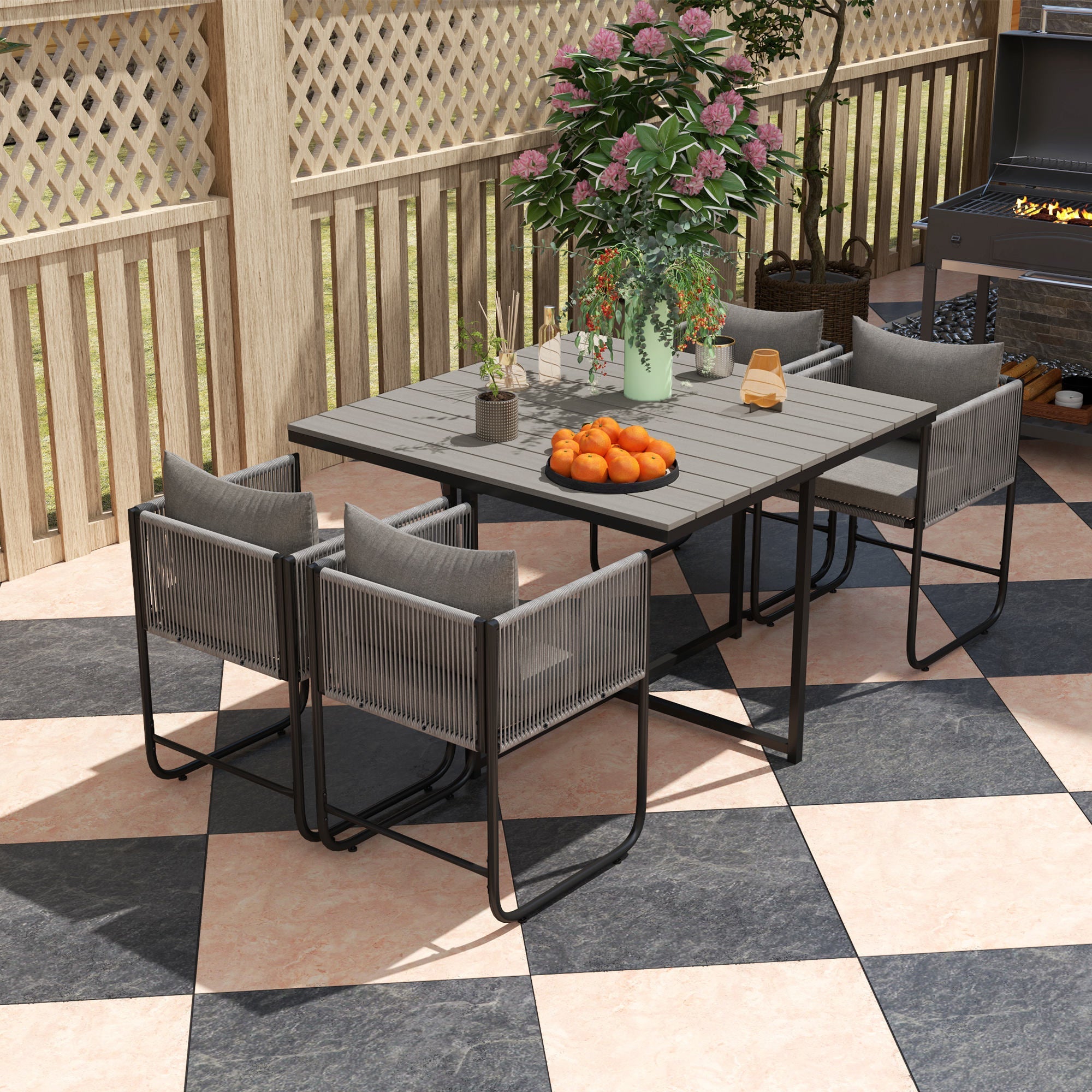 Outsunny 4 Seater Rattan Cube Garden Furniture Set, Rattan Dining Set with Cushions, Outdoor Dining Table and Chairs with Rectangular Wood Grain Plastic Top Table for Patio, Balcony, Grey 