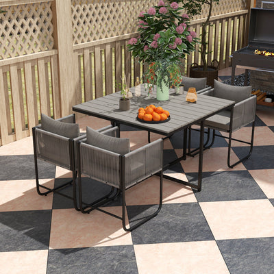 Outsunny 4 Seater Rattan Cube Garden Furniture Set, Rattan Dining Set with Cushions, Outdoor Dining Table and Chairs with Rectangular Wood Grain Plastic Top Table for Patio, Balcony, Grey 
