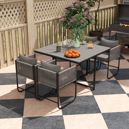 Outsunny 4 Seater Rattan Cube Garden Furniture Set, Rattan Dining Set with Cushions, Outdoor Dining Table and Chairs with Rectangular Wood Grain Plastic Top Table for Patio, Balcony, Grey 