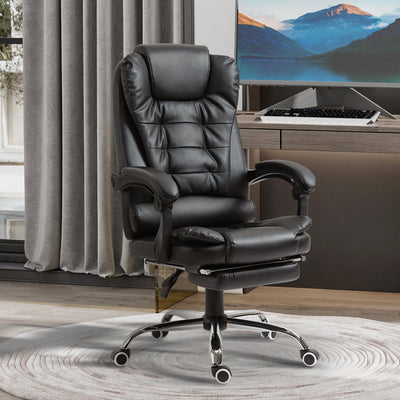 HOMCOM Executive Office Chair, PU Leather Home Office Chair with Swivel Wheels, Reclining Backrest, Retractable Footrest, Black 