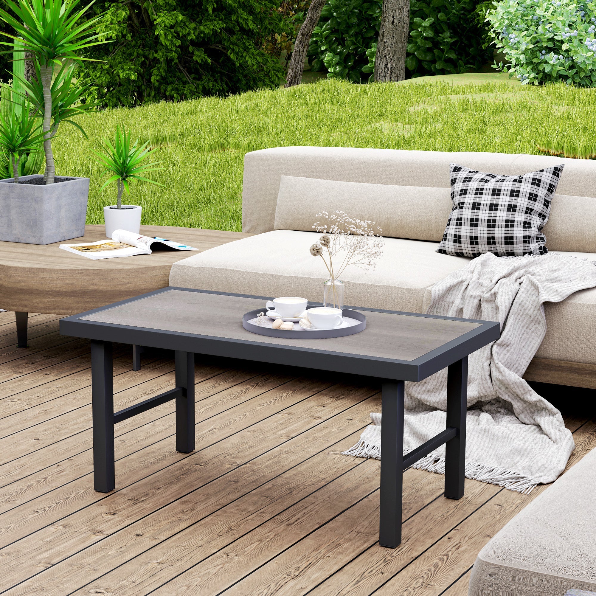 Outsunny Metal Garden Coffee Table, Outdoor Side Table with SPC Woodgrain Tabletop for Outside, Garden, Balcony, Porch, 100 x 53 x 46cm, Grey Wood Effect 