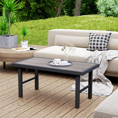 Outsunny Metal Garden Coffee Table, Outdoor Side Table with SPC Woodgrain Tabletop for Outside, Garden, Balcony, Porch, 100 x 53 x 46cm, Grey Wood Effect 