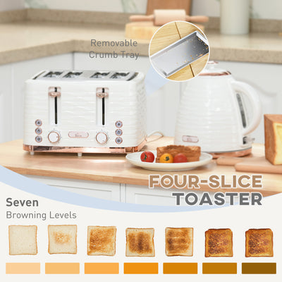 HOMCOM Kettle and Toaster Sets, 3000W 1.7L Rapid Boil Kettle & 4 Slice Toaster with 7 Browning Controls, Defrost, Reheat and Crumb Tray, Otter thermostat, Cream White 