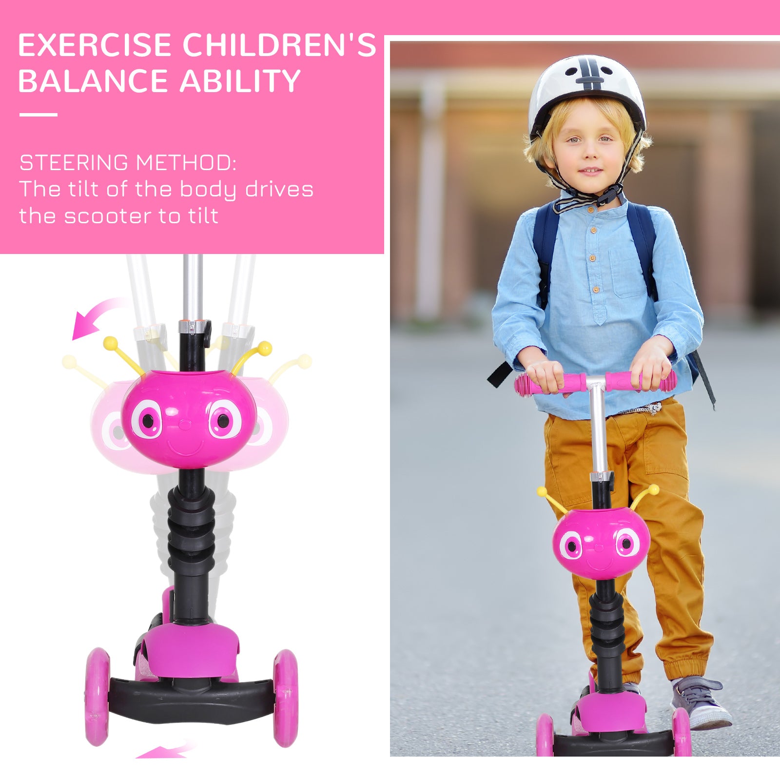 HOMCOM 5 in1 Kids  Scooter 3 Wheel Toddler scooter Kick Scooter with Adjustable Handlebar, Removable Seat & Back Rest for 18 Month+, Pink 