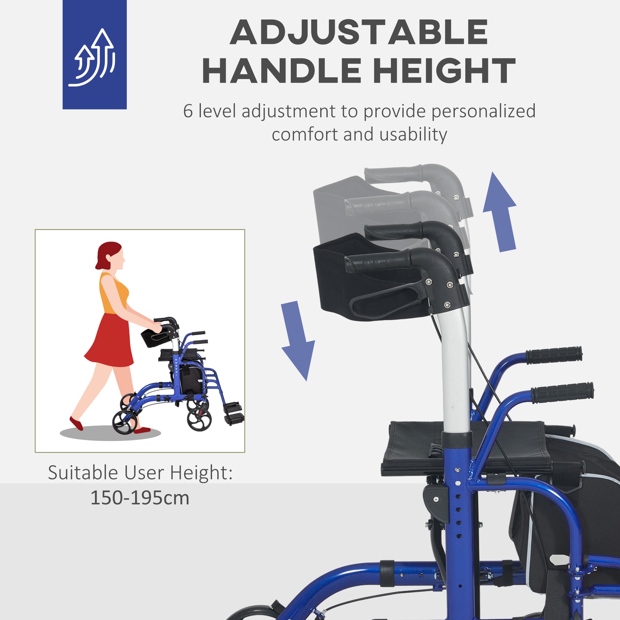 HOMCOM 2 in 1 Wheelchair Transport Chair & Folding Rollator Walker with Seat, Backrest, Footrest, Lightweight Walking Frame with Bag, Adjustable Height, 4 Wheeled Walker for Seniors, Pearl Blue 