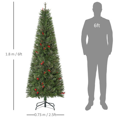 HOMCOM 6ft Pencil Artificial Christmas Tree with Realistic Branches, Red Berries, Auto Open, Green 