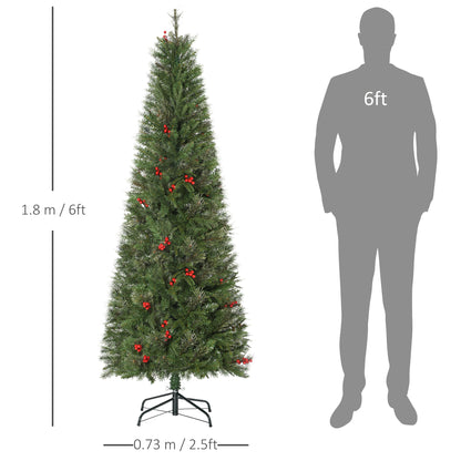 HOMCOM 6ft Pencil Artificial Christmas Tree with Realistic Branches, Red Berries, Auto Open, Green