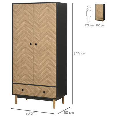 HOMCOM Modern Wardrobe Cabinet Wood Grain Sticker Surface with Shelf, Hanging Rod and 2 Drawers 90x50x190cm 