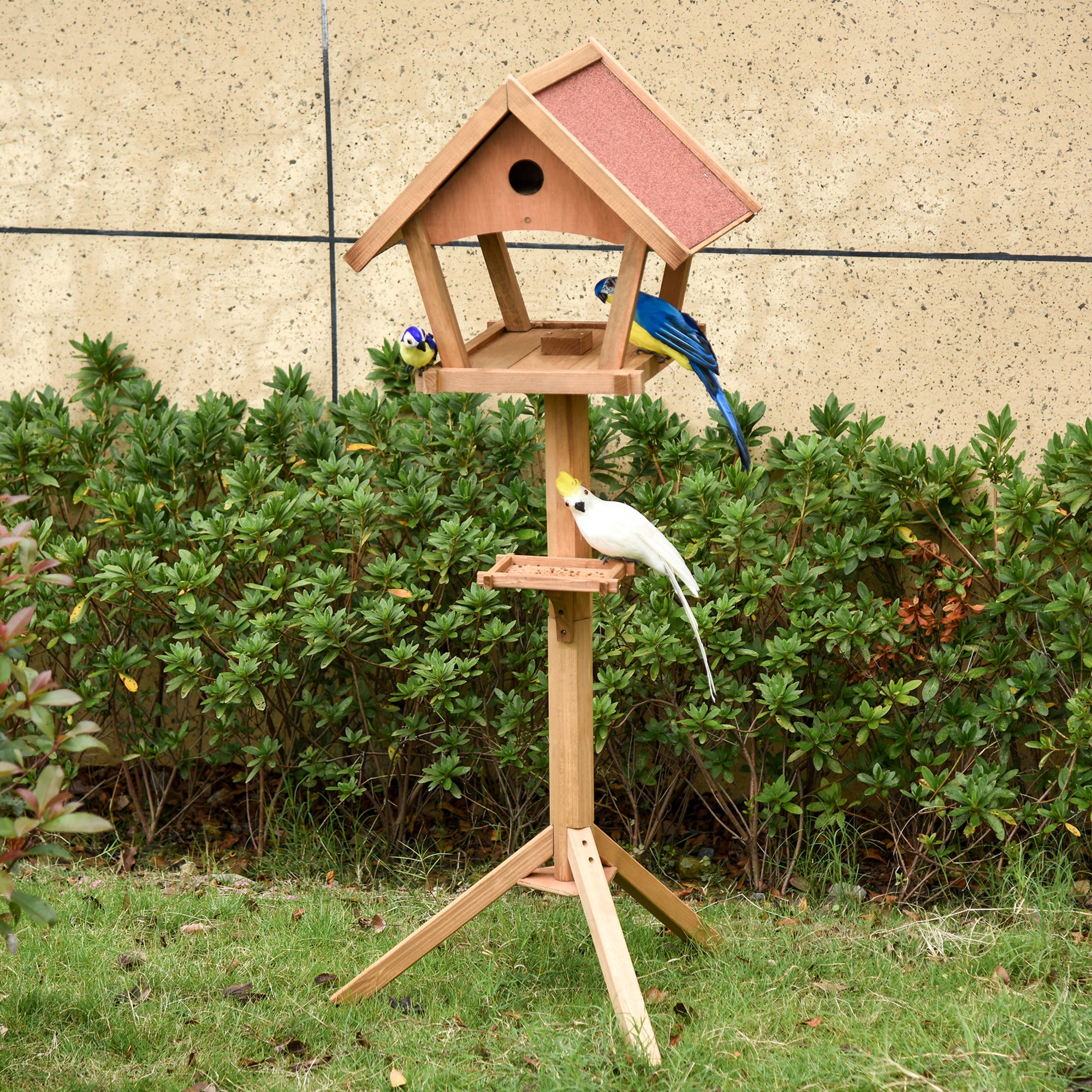 PawHut Wooden Bird Table Freestanding Feeding  Station for Garden Outside ,139H cm, Natural 